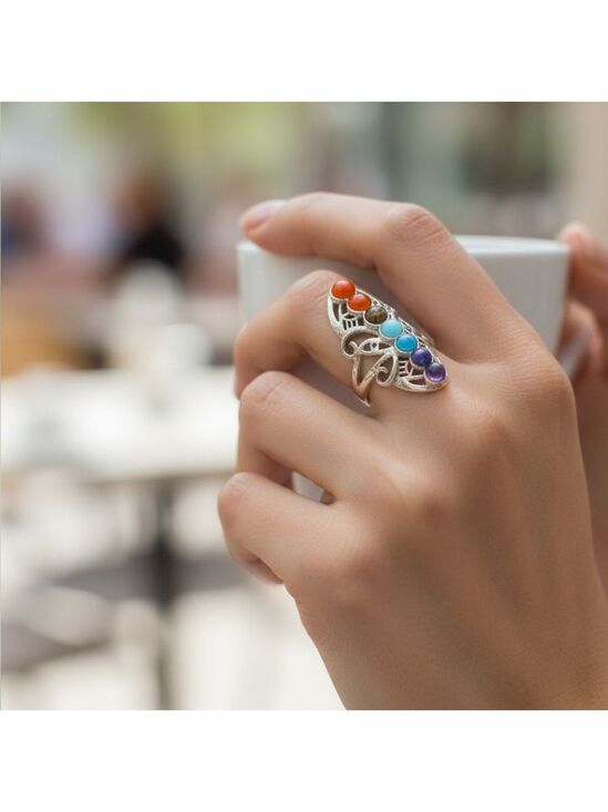 None Jewelry - New Silver Chakra Gemstone Ring Adjustable